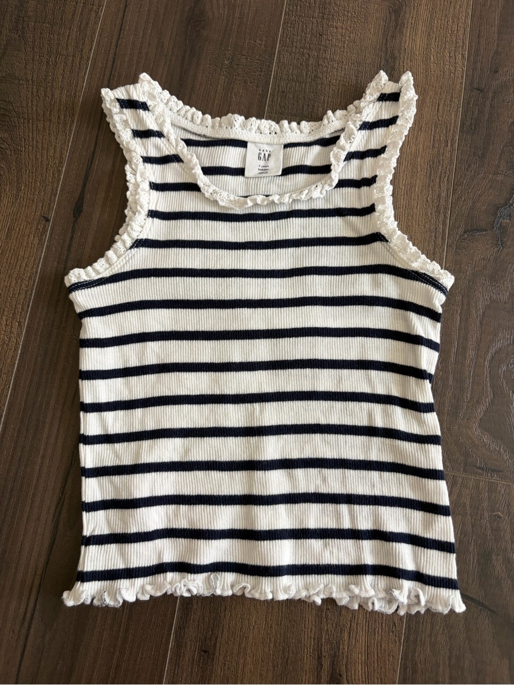 GAP White and Navy Striped Ruffle-Trim Tank Top